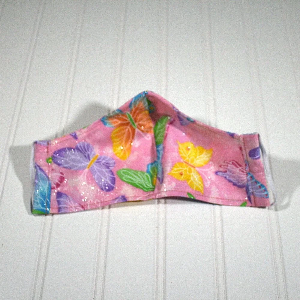 HAND CRAFTED Face Mask Pink Butterflies Adult Cloth Fabric Print - Shield Style